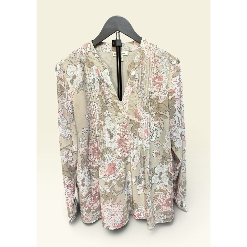 Coldwater Creek L Floral Pintuck Blouse V-Neck Long Sleeve Cottagecore Boho Chic